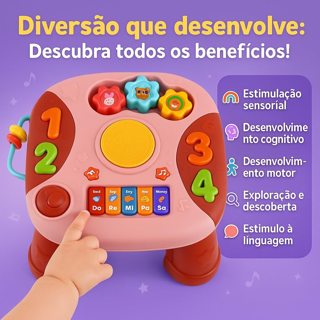 Mesa Mesinha Musical E Luzes De Atividades Criativa Educativa Infantil Didática (Rosa)