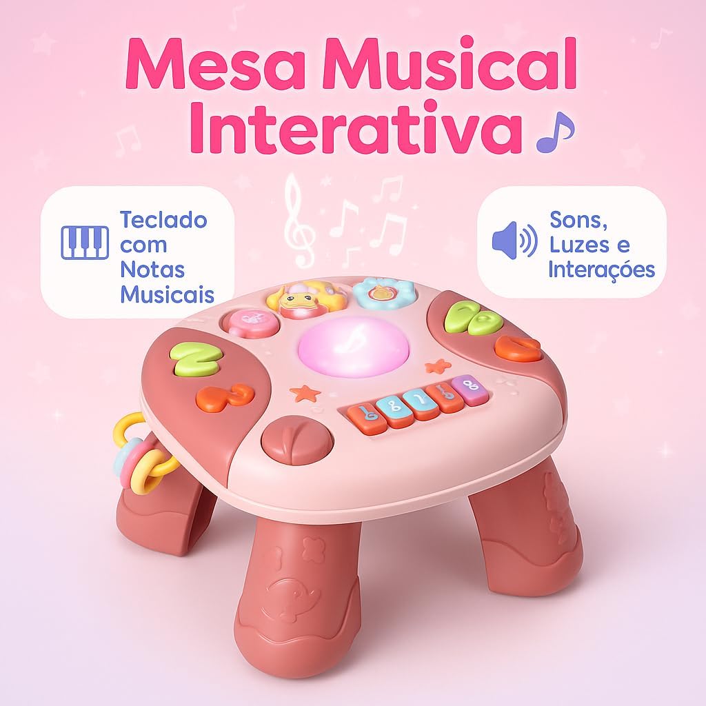 Mesa Mesinha Musical E Luzes De Atividades Criativa Educativa Infantil Didática (Rosa)